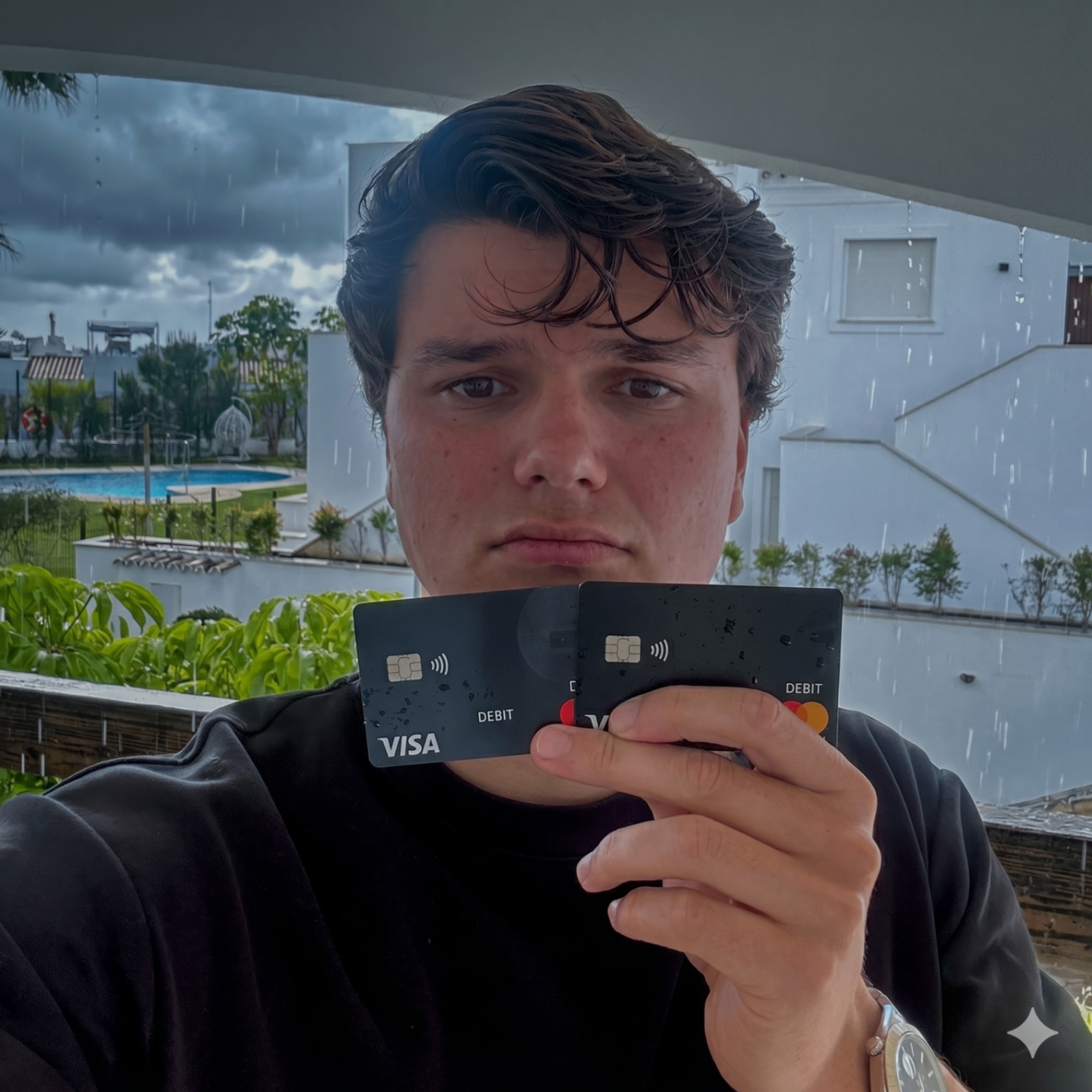 Frowning founder in the rain holding plain debit cards